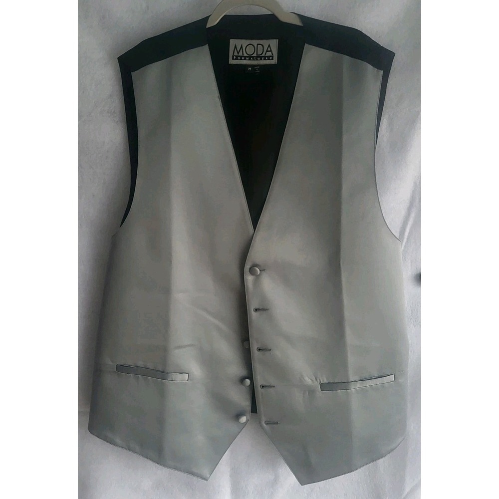 moda formal wear mens medium‎ m silver gray suit tux vest rouched back elastic
